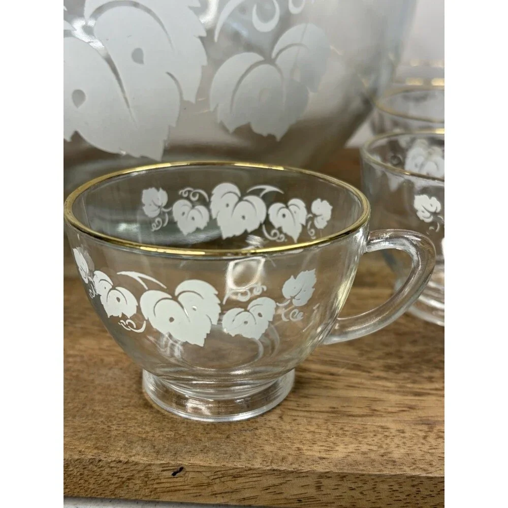 Vintage Anchor Hocking Glass Punch Bowl Grape Leaves Silver Rimmed 9 Piece